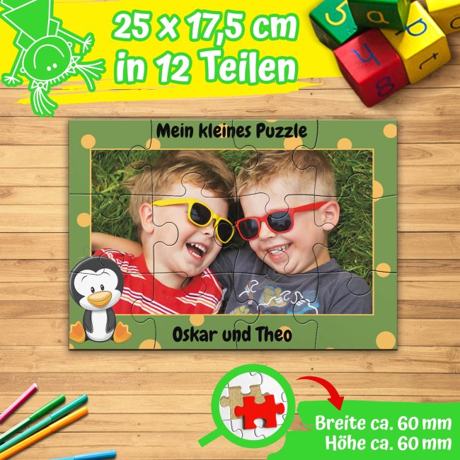 Holzpuzzle mit Foto selbst gestalten f&uuml;r Kinder - Kleines Puzzle mit Name - Pinguin - 12 Teile