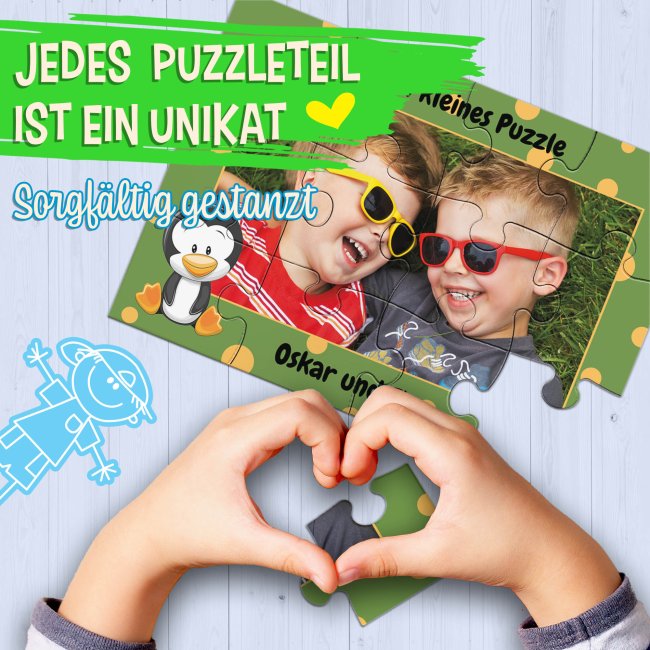 Holzpuzzle mit Foto selbst gestalten f&uuml;r Kinder - Kleines Puzzle mit Name - Pinguin - 12 Teile