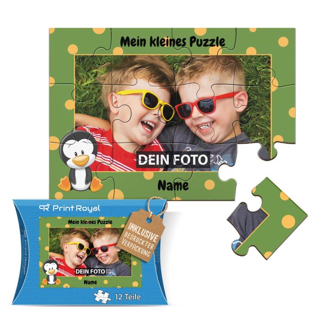 Holzpuzzle mit Foto selbst gestalten f&uuml;r Kinder - Kleines Puzzle mit Name - Pinguin - 12 Teile