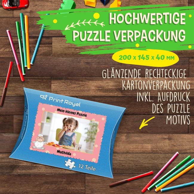 Holzpuzzle mit Foto selbst gestalten f&uuml;r Kinder - Kleines Puzzle mit Name - Schaf - 12 Teile