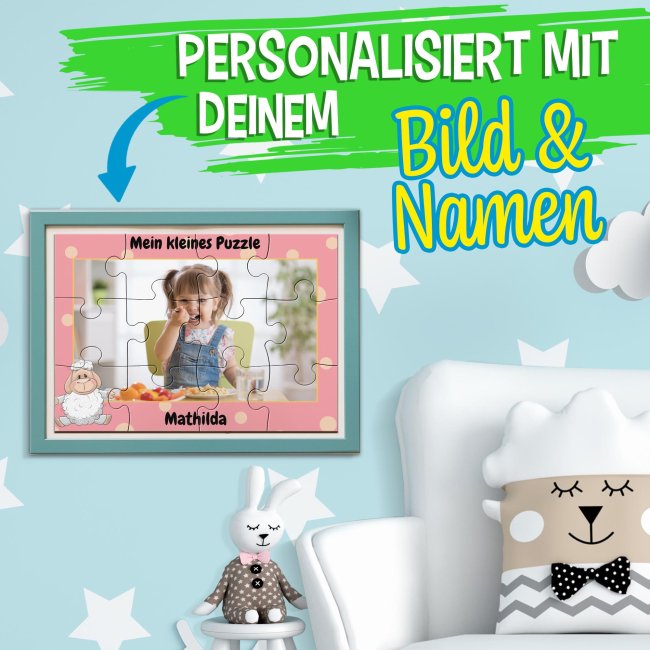 Holzpuzzle mit Foto selbst gestalten f&uuml;r Kinder - Kleines Puzzle mit Name - Schaf - 12 Teile