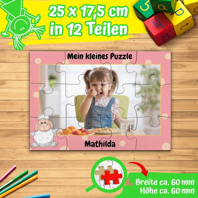 Holzpuzzle mit Foto selbst gestalten f&uuml;r Kinder - Kleines Puzzle mit Name - Schaf - 12 Teile