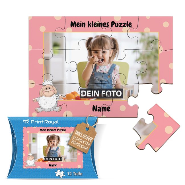 Holzpuzzle mit Foto selbst gestalten f&uuml;r Kinder - Kleines Puzzle mit Name - Schaf - 12 Teile