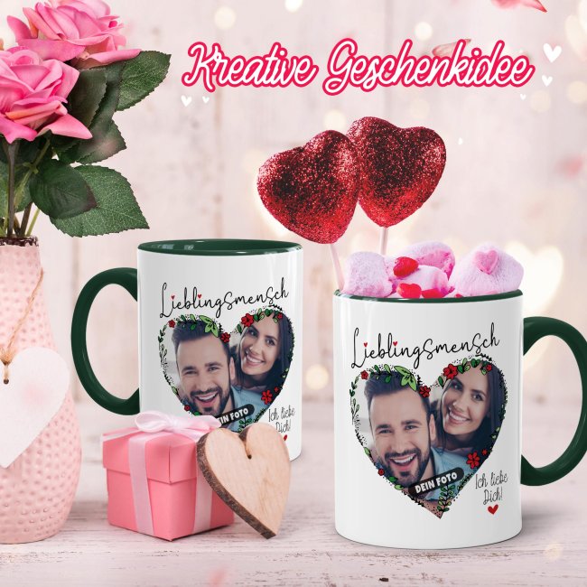 Tasse - Lieblingsmensch mit Foto - Ich Liebe Dich - Innen &amp; Henkel Dunkelgr&uuml;n