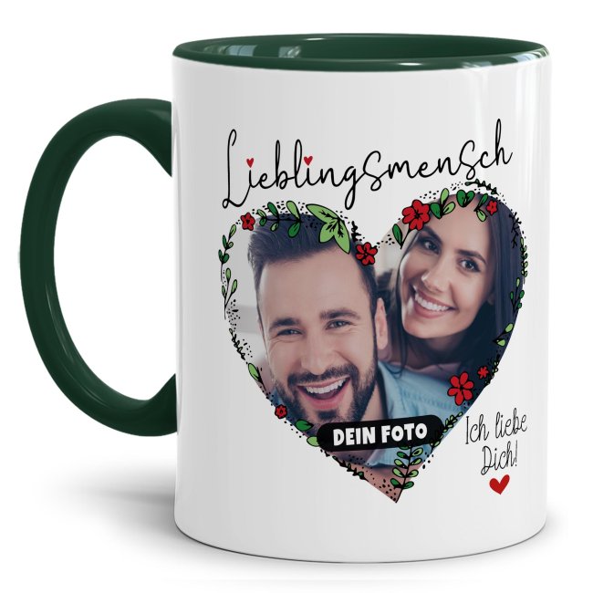 Tasse - Lieblingsmensch mit Foto - Ich Liebe Dich - Innen &amp; Henkel Dunkelgr&uuml;n