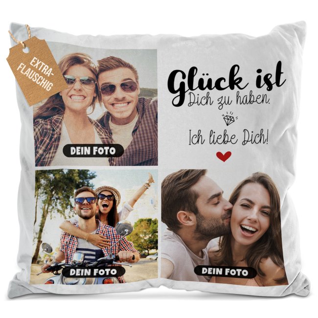 Kissen - Fotocollage - Gl&uuml;ck ist - mit drei Fotos - Wei&szlig; flauschig