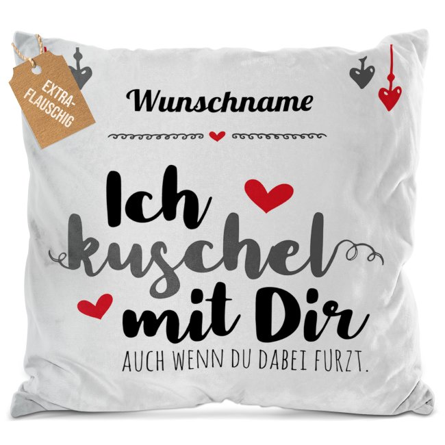 Kissen - Ich kuschel mit dir - mit Name - Wei&szlig; flauschig