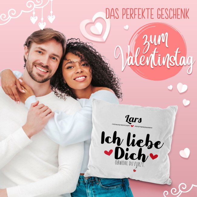 Kissen - Ich liebe dich obwohl du furzt - mit Name - Wei&szlig; flauschig