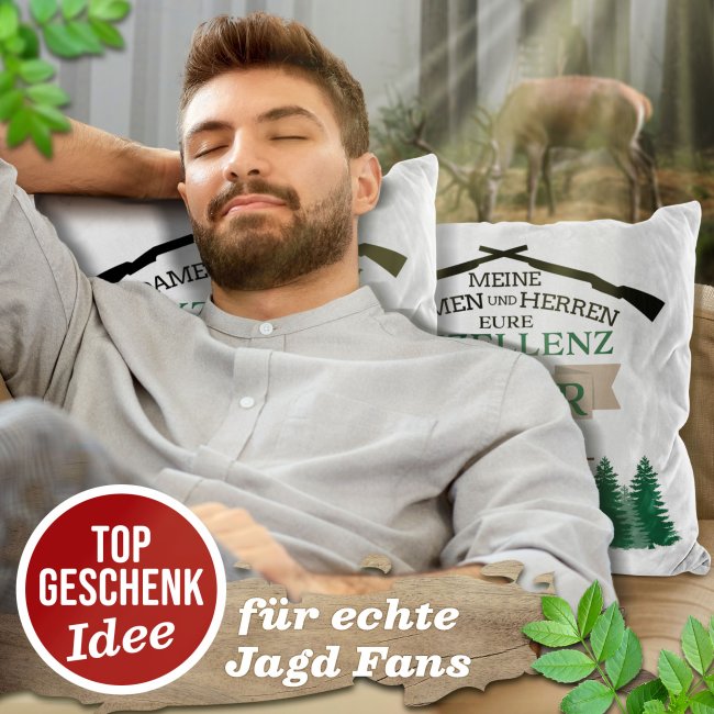 Kissen - Eure Exzellenz der J&auml;ger mit Name - Wei&szlig; Flauschig