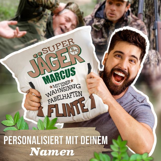 Kissen - Super J&auml;ger mit Name - Wei&szlig; Flauschig