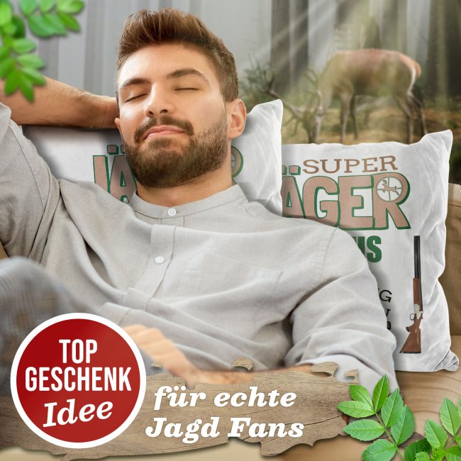 Kissen - Super J&auml;ger mit Name - Wei&szlig; Flauschig