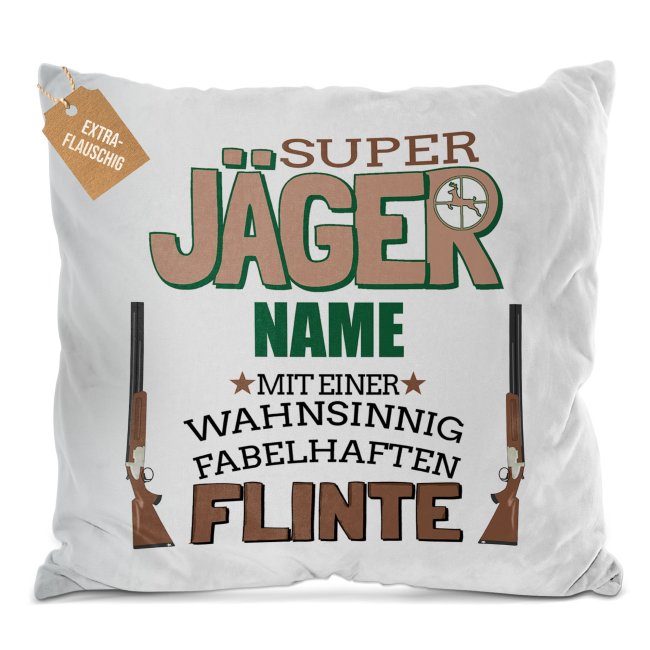 Kissen - Super J&auml;ger mit Name - Wei&szlig; Flauschig