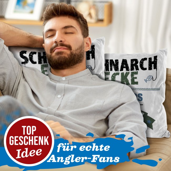 Kissen - Angler - Schnarch Ecke - mit Name personalisierbar - Wei&szlig; Flauschig