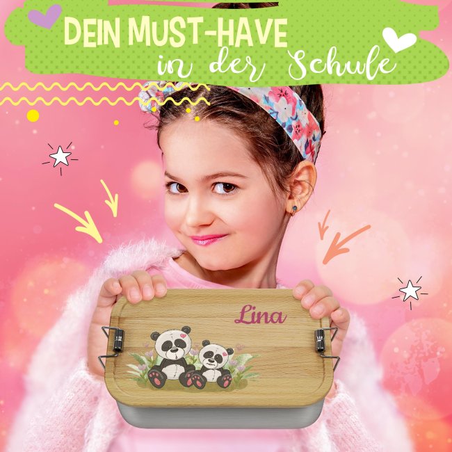 Edelstahl Brotdose mit Name - Kindermotiv Panda