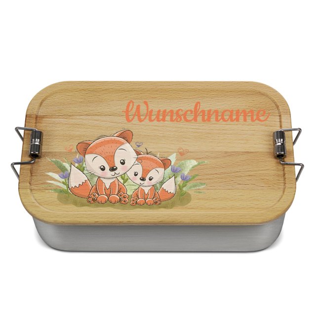 Edelstahl Brotdose mit Name - Kindermotiv Fuchs