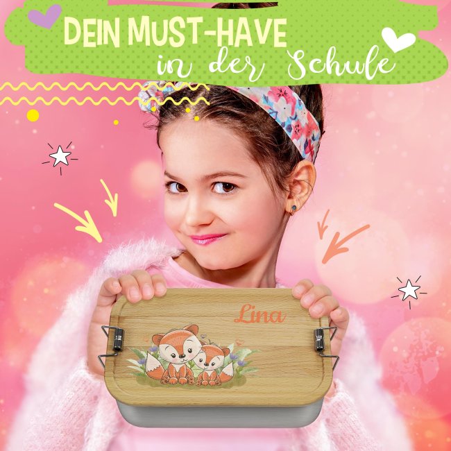 Edelstahl Brotdose mit Name - Kindermotiv Fuchs