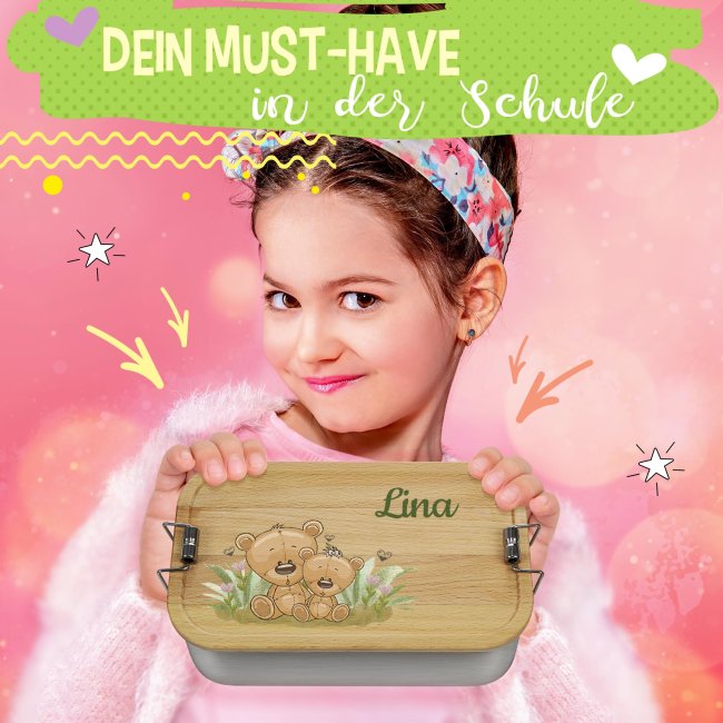 Edelstahl Brotdose mit Name - Kindermotiv Teddy