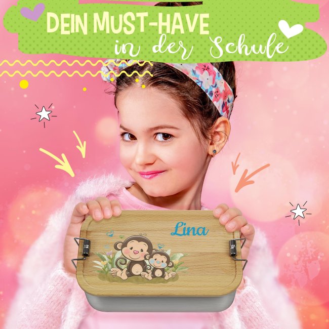 Edelstahl Brotdose mit Name - Kindermotiv Affe