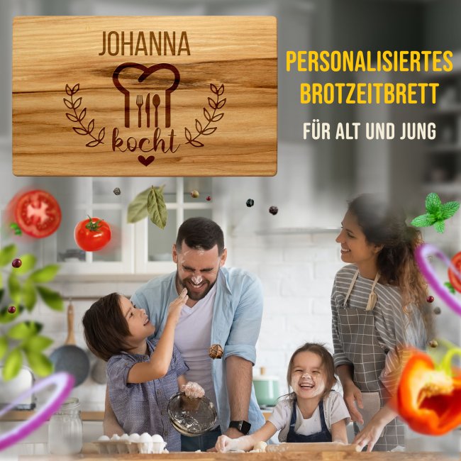 Fr&uuml;hst&uuml;cksbrett mit Gravur - Hier kocht - mit Name personalisierbar