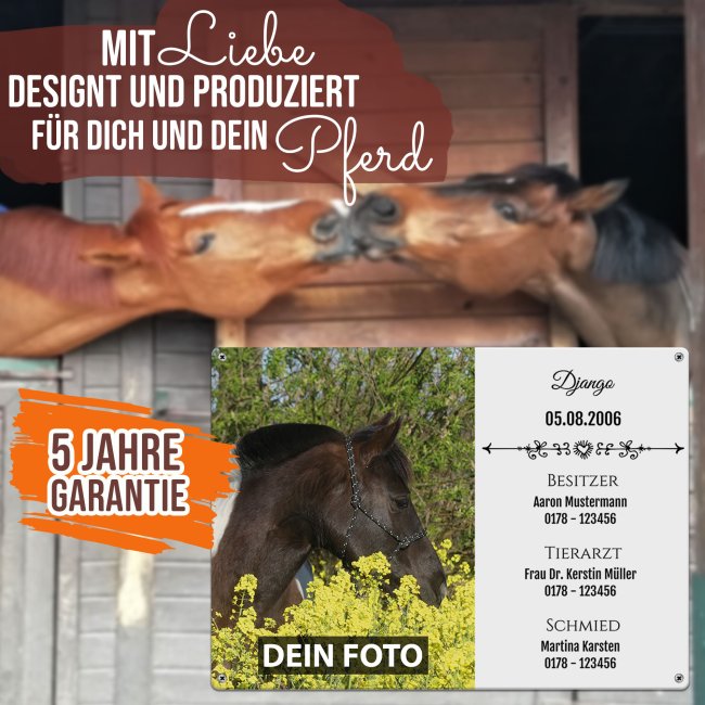 Boxenschild f&uuml;r Pferdebox mit personalisierbaren Daten - Foto,Name, Besitzer, Tierarzt, Schmiede