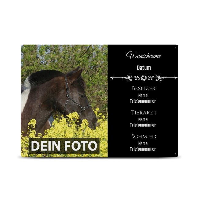Boxenschild f&uuml;r Pferdebox mit personalisierbaren Daten - Foto,Name, Besitzer, Tierarzt, Schmiede - Schwarz - 21 x 15 cm