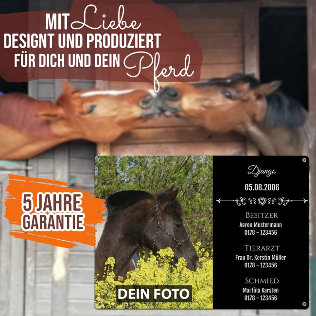 Boxenschild f&uuml;r Pferdebox mit personalisierbaren Daten - Foto,Name, Besitzer, Tierarzt, Schmiede - Schwarz - 21 x 15 cm