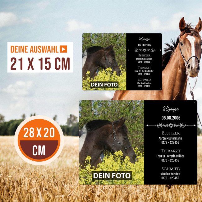 Boxenschild f&uuml;r Pferdebox mit personalisierbaren Daten - Foto,Name, Besitzer, Tierarzt, Schmiede - Schwarz - 21 x 15 cm