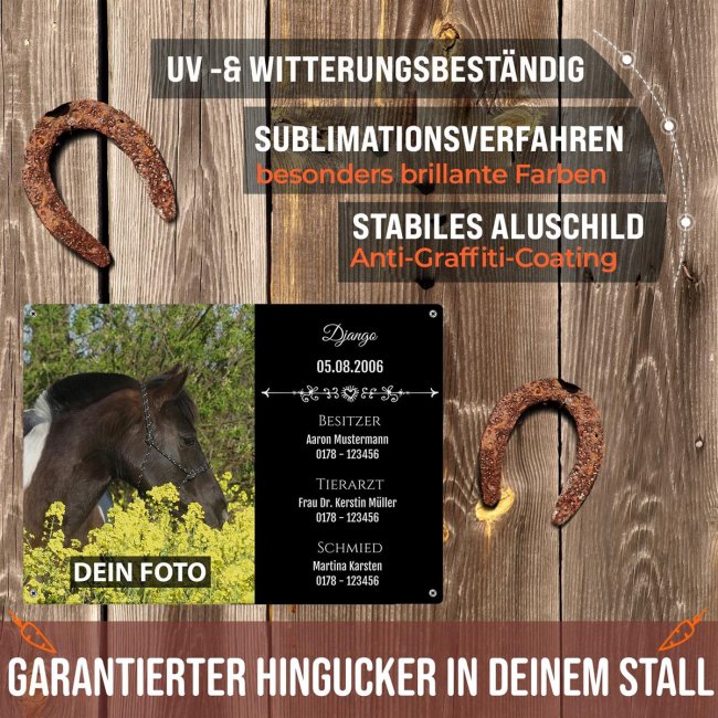 Boxenschild f&uuml;r Pferdebox mit personalisierbaren Daten - Foto,Name, Besitzer, Tierarzt, Schmiede - Schwarz - 21 x 15 cm