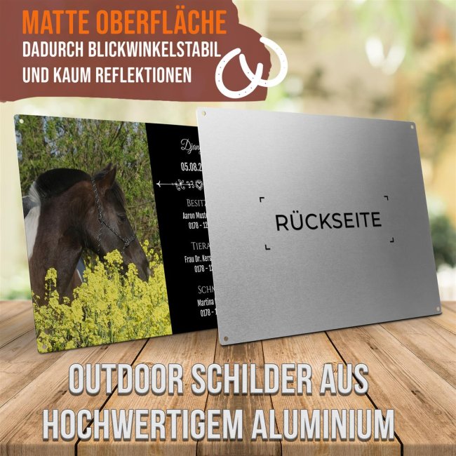 Boxenschild f&uuml;r Pferdebox mit personalisierbaren Daten - Foto,Name, Besitzer, Tierarzt, Schmiede - Schwarz - 21 x 15 cm