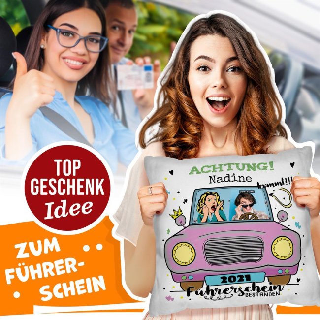 Spruch-Kissen mit lustigem Spruch - mit Foto, Name und Jahr - bestandene F&uuml;hrerschein-Pr&uuml;fung