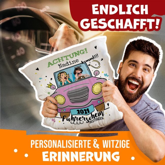 Spruch-Kissen mit lustigem Spruch - mit Foto, Name und Jahr - bestandene F&uuml;hrerschein-Pr&uuml;fung