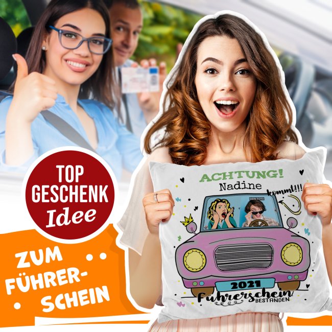 Lustiges Spruch-Kissen zum bestandenen Führerschein - mit Wunschname