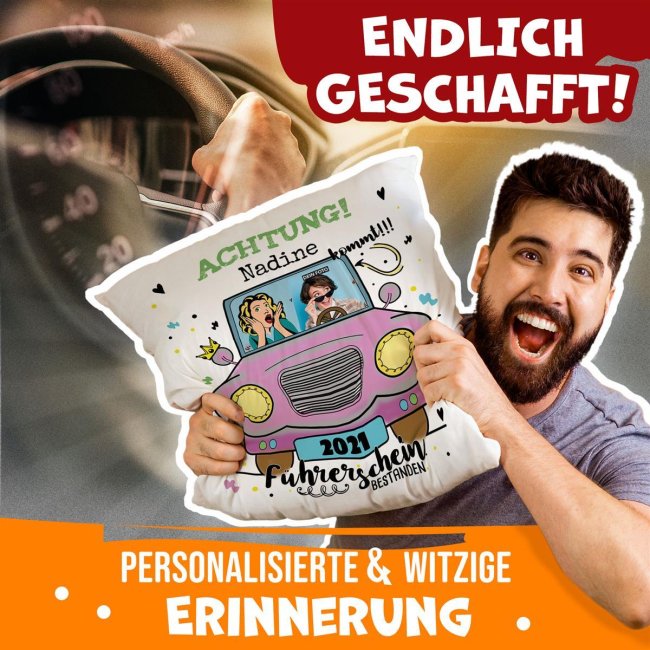 Spruch-Kissen mit lustigem Spruch - mit Foto, Name und Jahr - bestandene F&uuml;hrerschein-Pr&uuml;fung