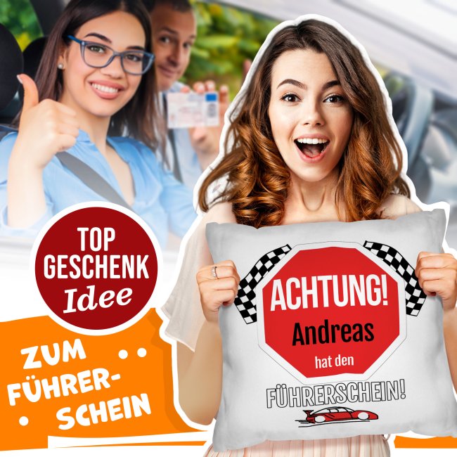 Kissen mit witzigem Spruch - mit Name - zum bestandenen F&uuml;hrerschein