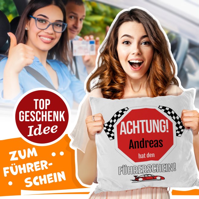 Kissen mit witzigem Spruch - mit Name - zum bestandenen F&uuml;hrerschein -  Wei&szlig; Flauschig