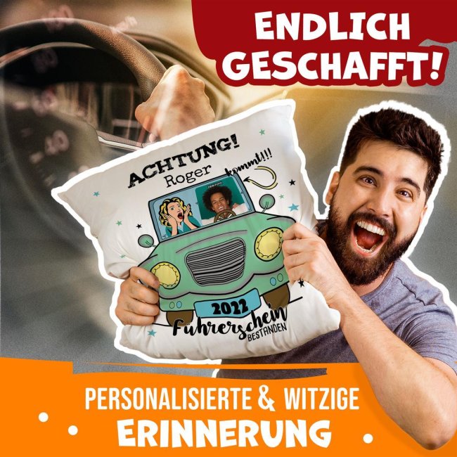 Kissen mit Spruch - zum bestandenen F&uuml;hrerschein - mit Foto, Name und Jahr