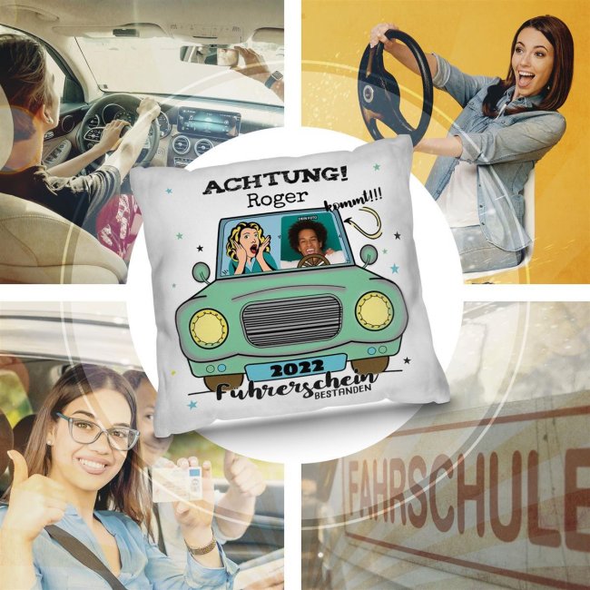 SpruchKissen mit Foto, Name und Jahr Führerschein bestanden Prin