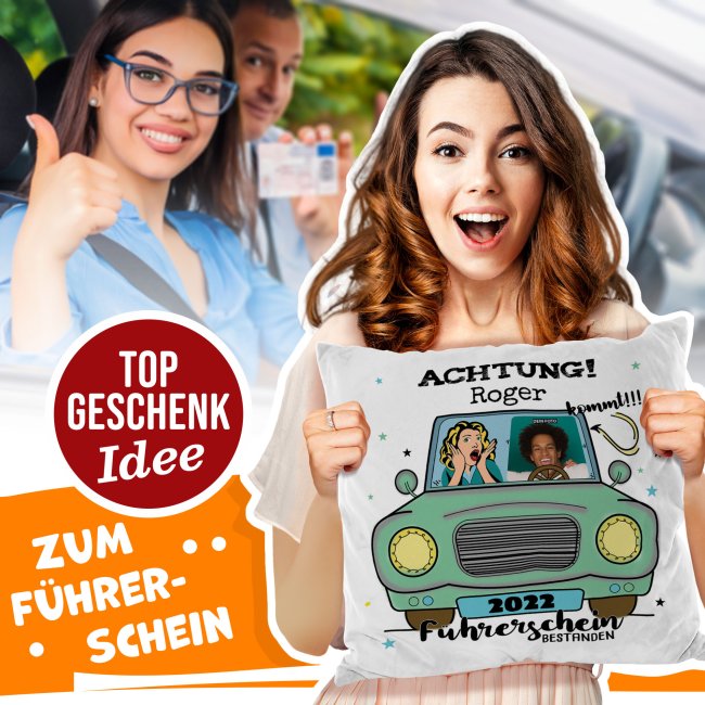 Spruch-Kissen mit Foto, Name und Jahr - zum bestandenen F&uuml;hrerschein - mit Foto, Name und Jahr