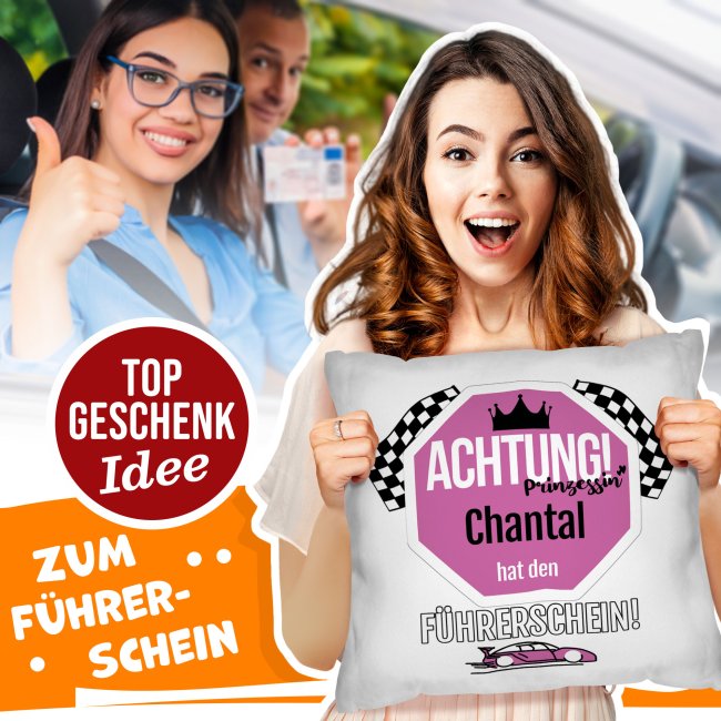 Lustiges Spruch-Kissen - Achtung F&uuml;hrerschein - mit Name