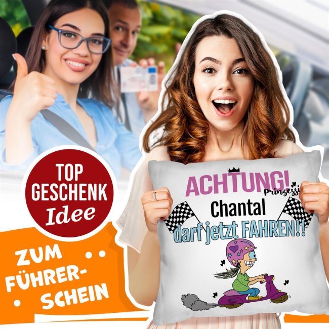 Witziges Kissen mit Spruch zum bestandenen F&uuml;hrerschein - mit Wunschname