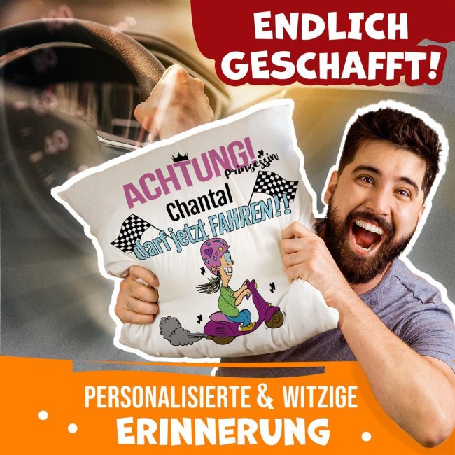 Witziges Kissen mit Spruch zum bestandenen F&uuml;hrerschein - mit Wunschname