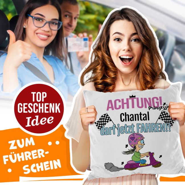 Lustiges SpruchKissen zum bestandenen Führerschein mit Wunschname