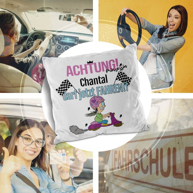 Lustiges SpruchKissen zum bestandenen Führerschein mit Wunschname