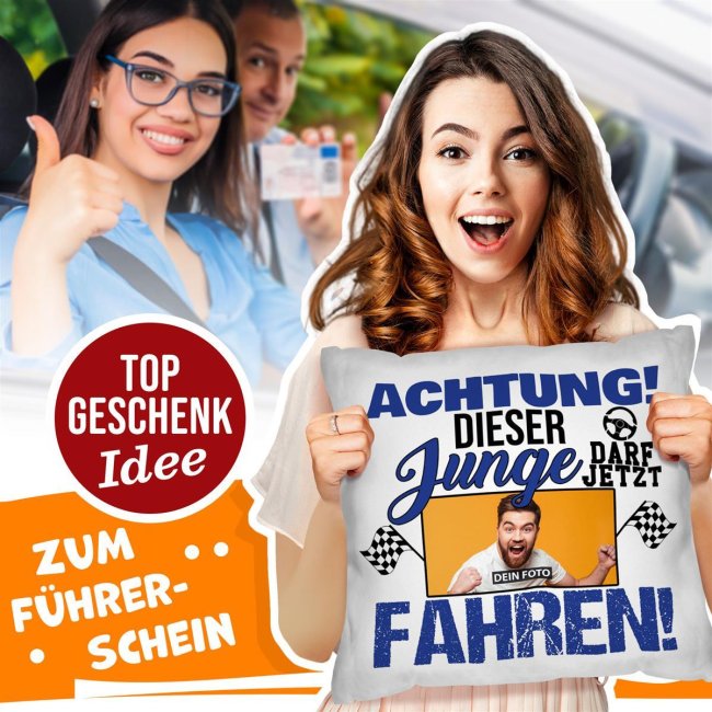 Foto-Kissen mit lustigem Spruch - Bestandener F&uuml;hrerschein