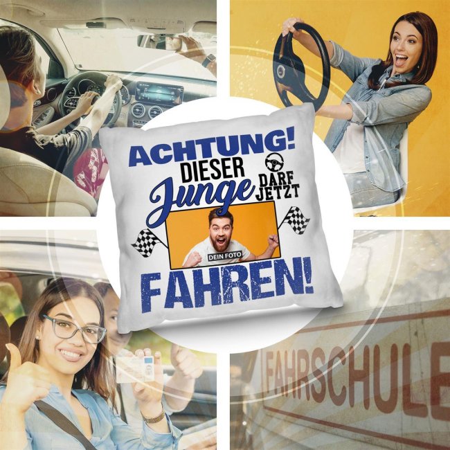 Foto-Kissen mit lustigem Spruch - Bestandener F&uuml;hrerschein