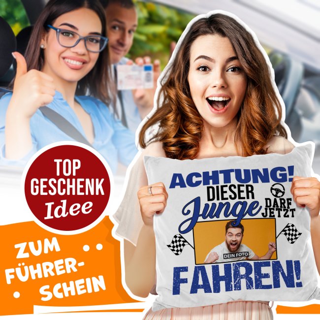 Foto-Kissen mit lustigem Spruch - Bestandener F&uuml;hrerschein