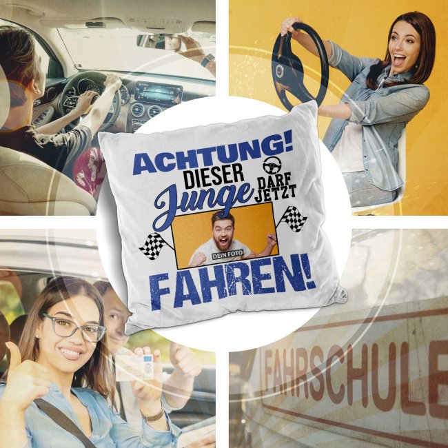 Foto-Kissen mit lustigem Spruch - Bestandener F&uuml;hrerschein