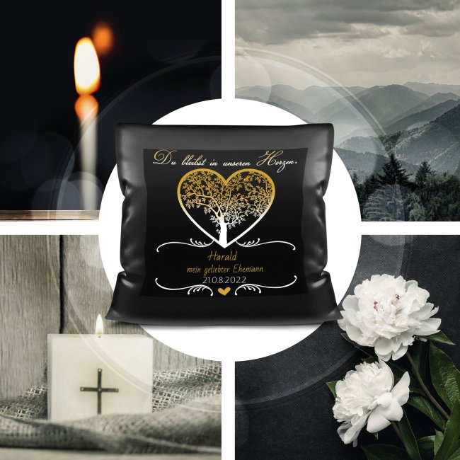 Trauer-Kissen schwarz satiniert - mit Wunschtext - In unserem Herzen - Satin