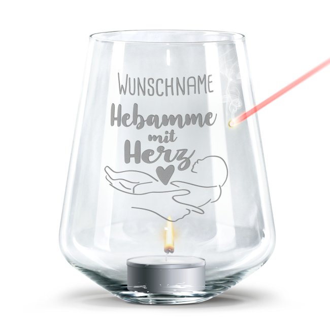 Personalisierbares Windlicht - Hebamme mit Herz - mit Name