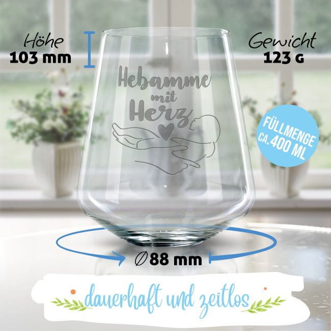 Windlicht mit Gravur - Geschenk f&uuml;r Hebamme mit Herz